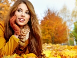 Brunette Fall Long Haired Gloves Jacket Smiling Leaves