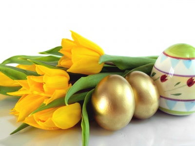 Easter Eggs And Yellow Tulips