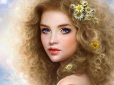 Girl Blonde Blue Eyes Curls Lips Person Camomiles