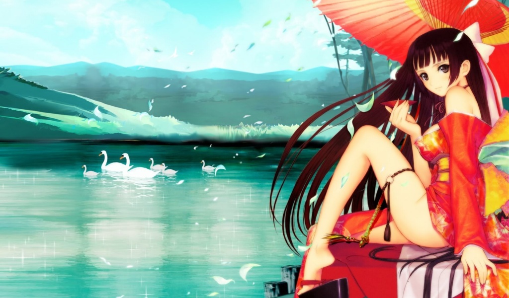 Anime Girl Swans Water Mountains Umbrella