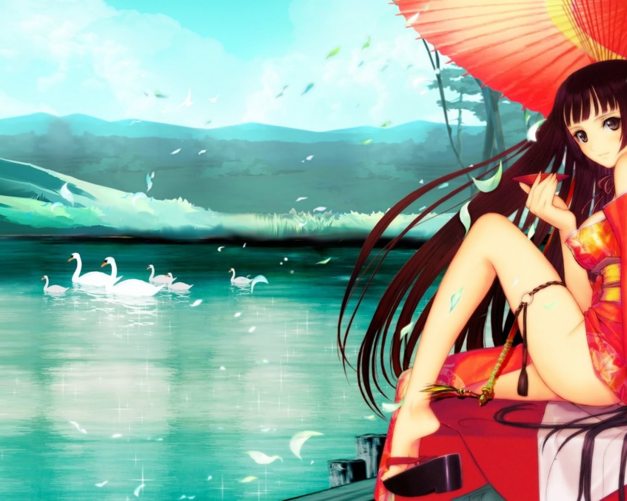 Anime Girl Swans Water Mountains Umbrella