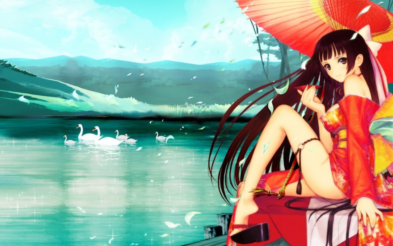 Anime Girl Swans Water Mountains Umbrella