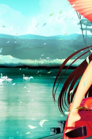 Anime Girl Swans Water Mountains Umbrella