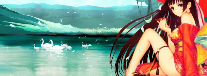 Anime Girl Swans Water Mountains Umbrella