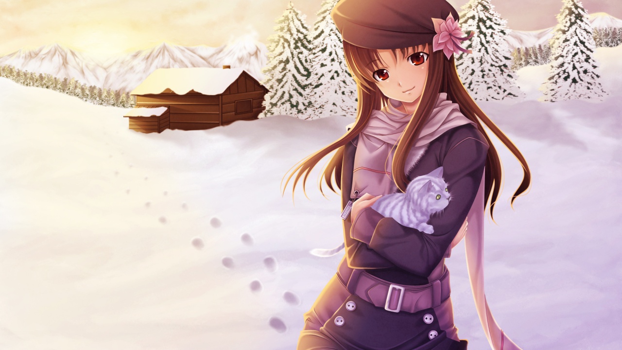 Anime Girl Winter Snow Cat