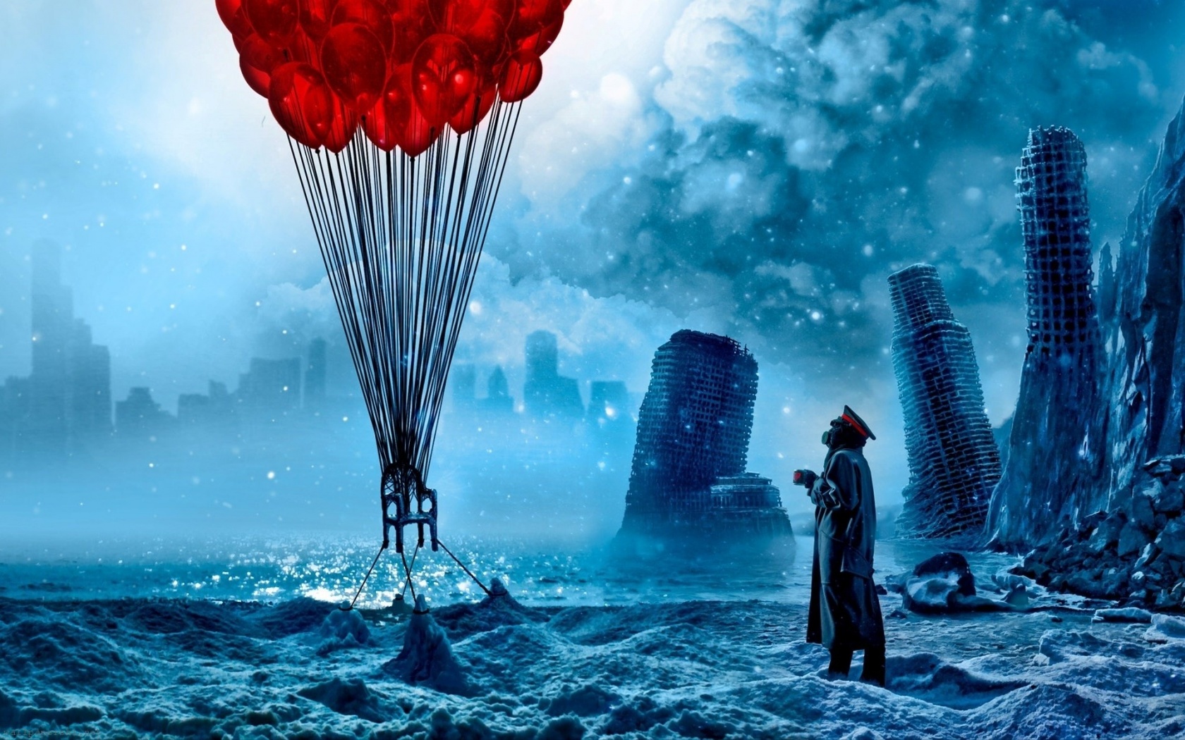 Art Romantically Apocalyptic Chair Balloons Ice Snow Captain Ruins Sea City Circle Cloud Fantasy