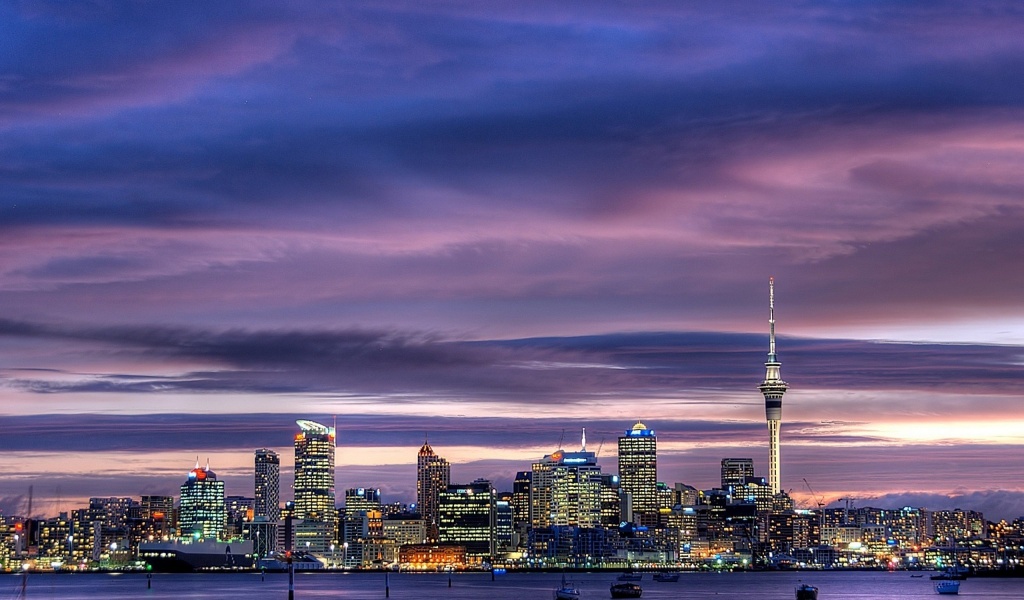 Auckland City Center New Zealand Harbour Sky Tower Skyscrapers Oakland Tower Lights Dusk