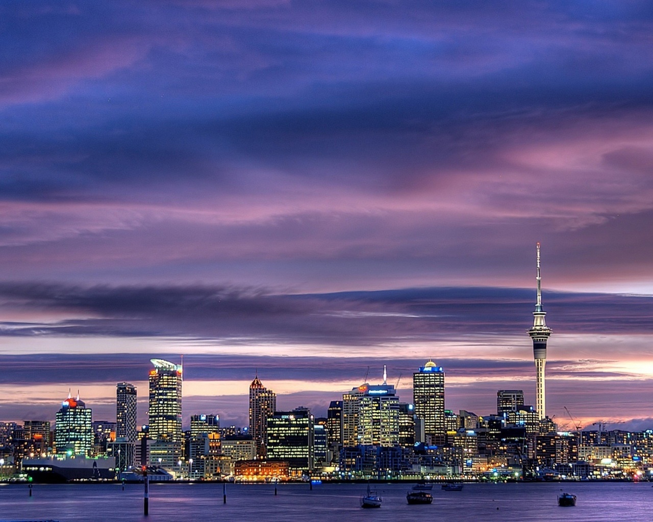 Auckland City Center New Zealand Harbour Sky Tower Skyscrapers Oakland Tower Lights Dusk