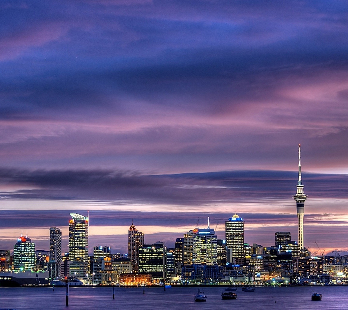 Auckland City Center New Zealand Harbour Sky Tower Skyscrapers Oakland Tower Lights Dusk