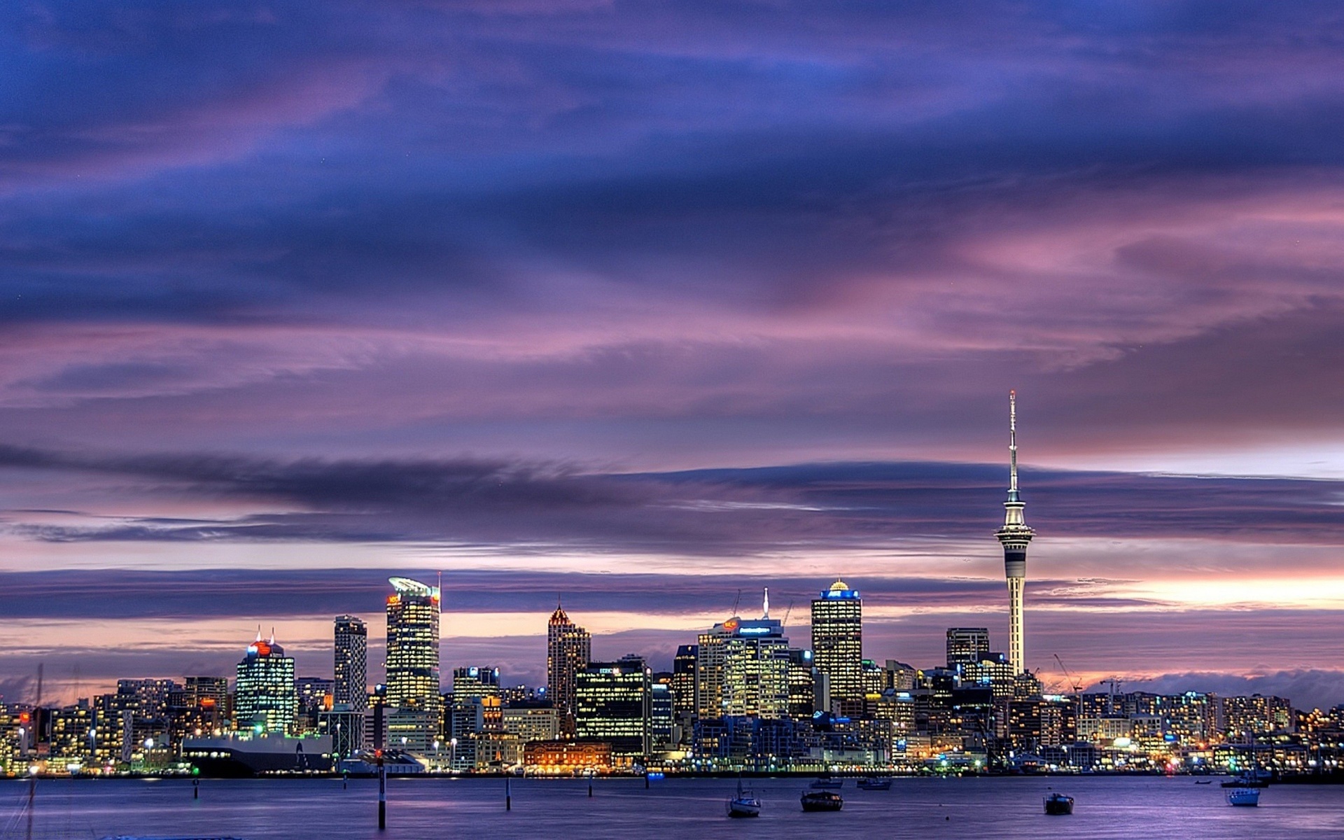 Auckland City Center New Zealand Harbour Sky Tower Skyscrapers Oakland Tower Lights Dusk