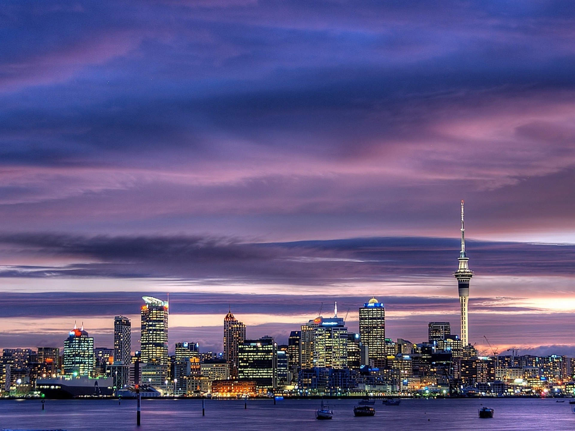 Auckland City Center New Zealand Harbour Sky Tower Skyscrapers Oakland Tower Lights Dusk