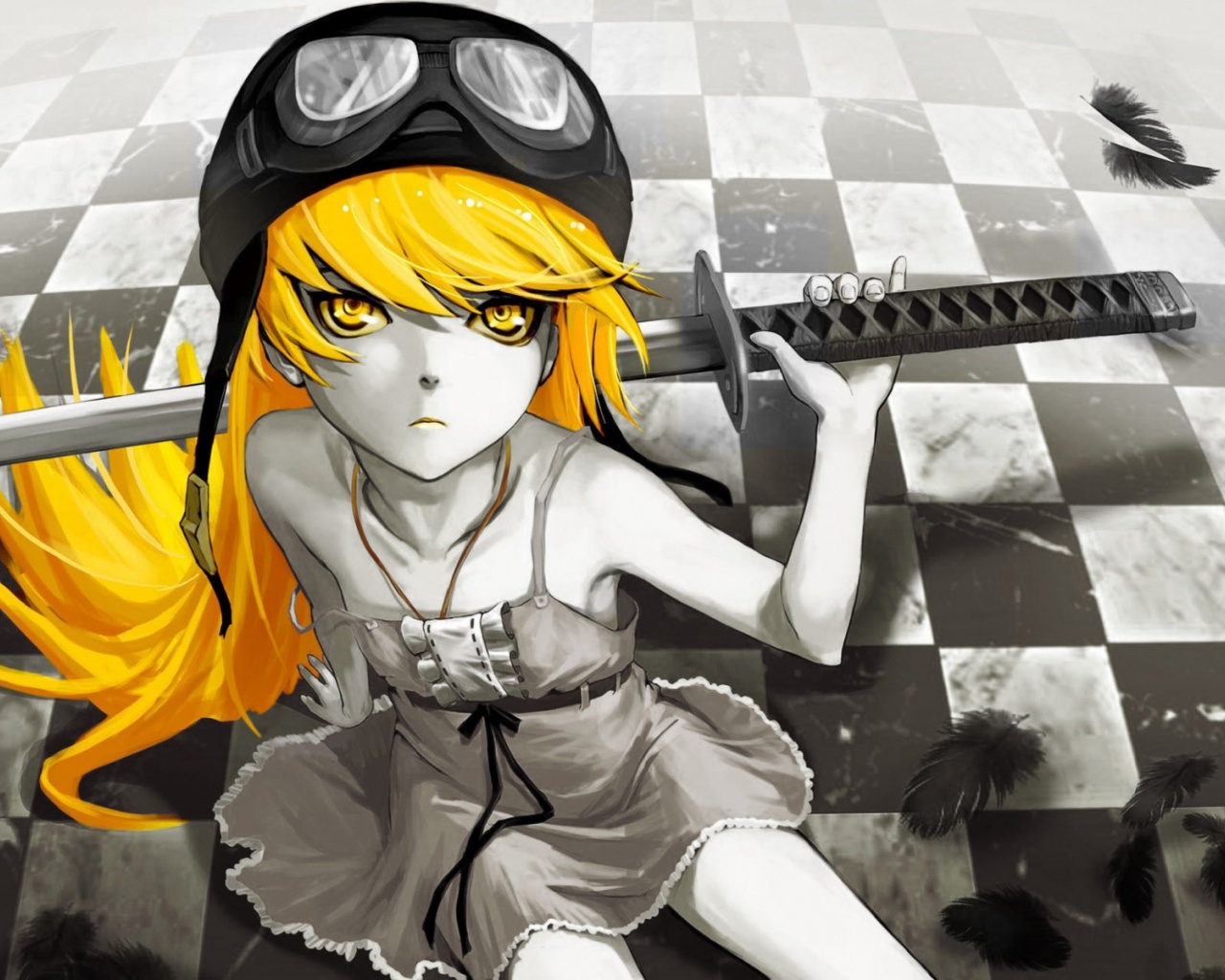 Bakemonogatari Oshino Shinobu Katana Feathers Eyes Long Hair