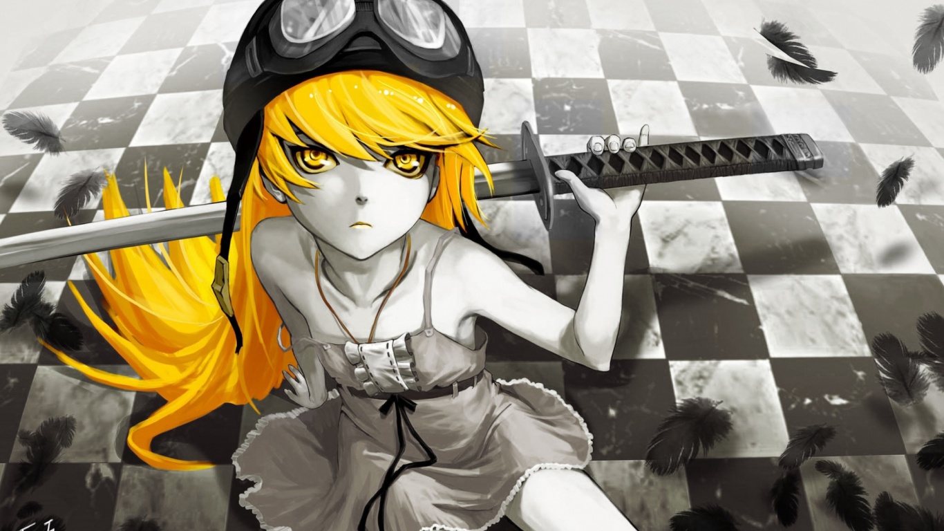 Bakemonogatari Oshino Shinobu Katana Feathers Eyes Long Hair