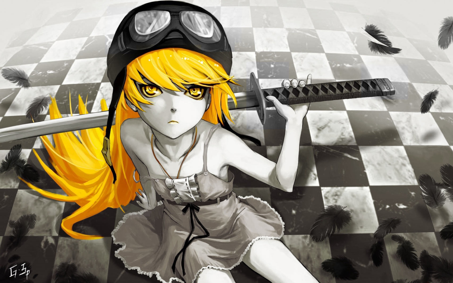 Bakemonogatari Oshino Shinobu Katana Feathers Eyes Long Hair