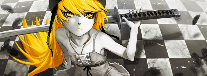 Bakemonogatari Oshino Shinobu Katana Feathers Eyes Long Hair