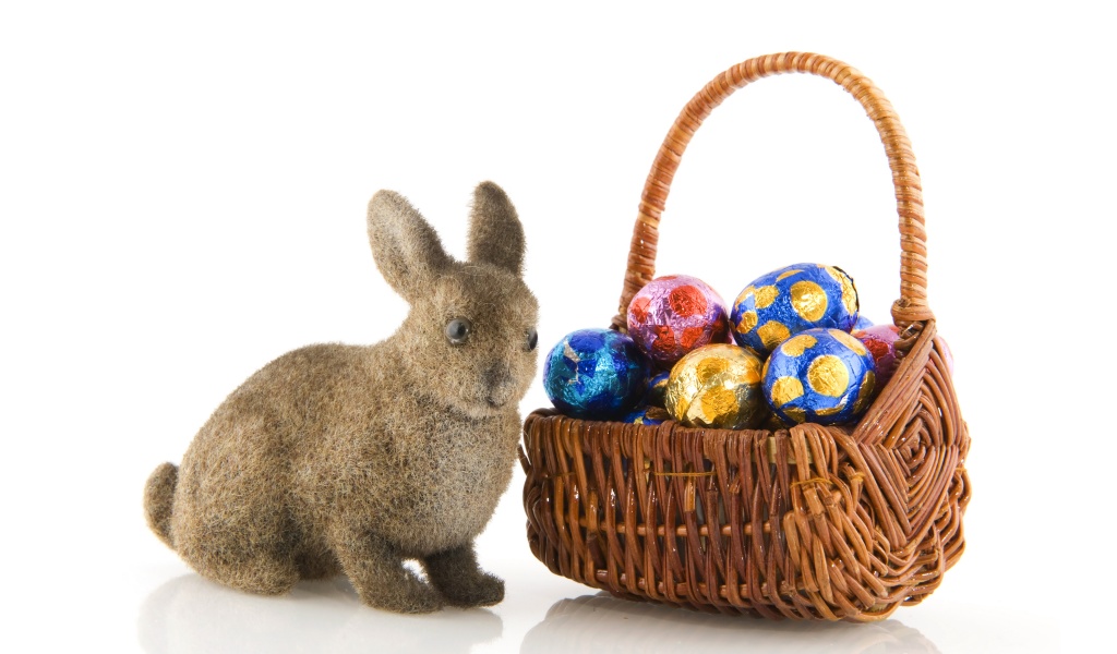 Basket Of Easter Eggs And Bunny