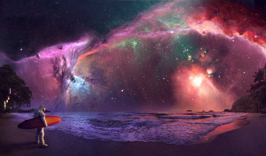 Beach Outer Space Stars Galaxies Nebulae Surfing Lakes Surfers Cosmic Astronaut