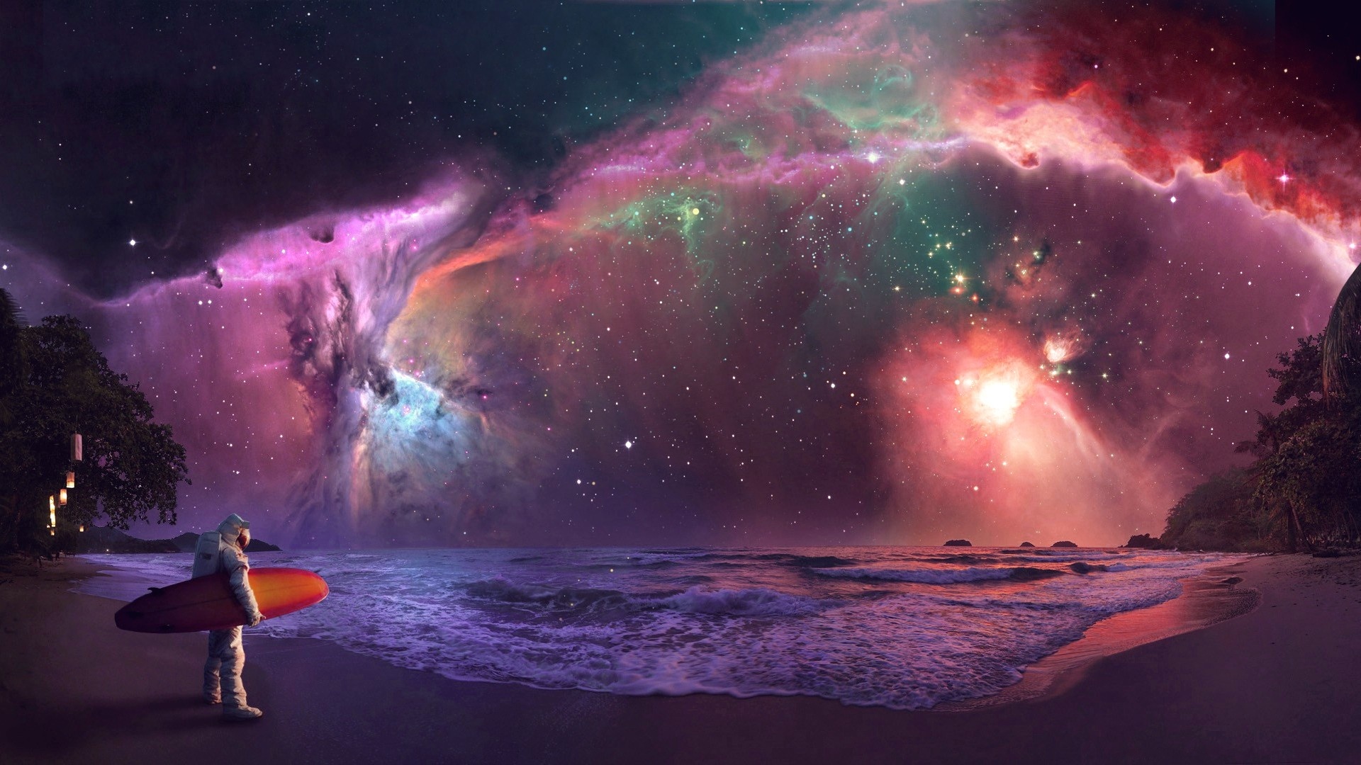 Beach Outer Space Stars Galaxies Nebulae Surfing Lakes Surfers Cosmic Astronaut