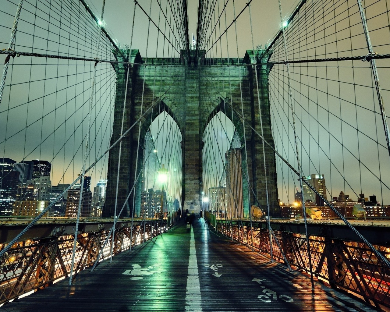 Brooklyn Bridge Night Nyc United States City Buildings Landscape