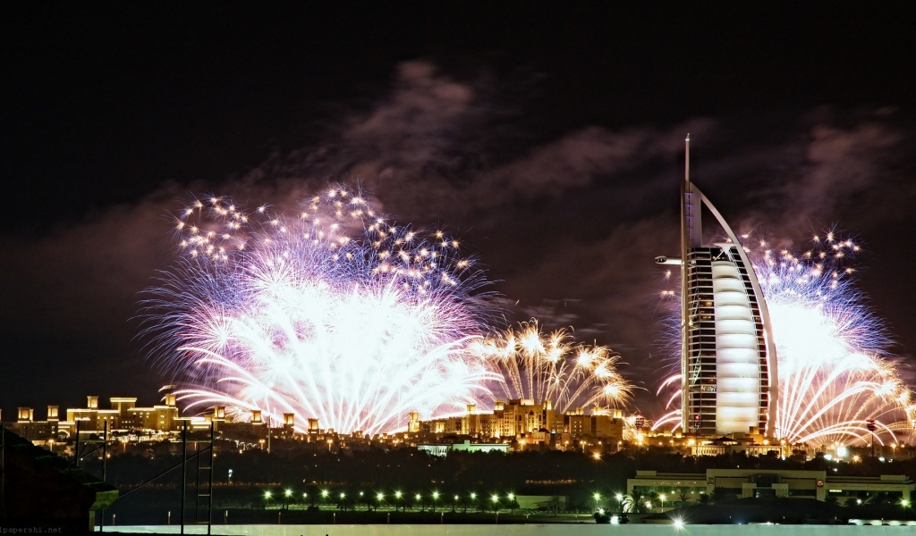 Burj Al Arab Night Lights Fireworks Dubai Uae United Arab