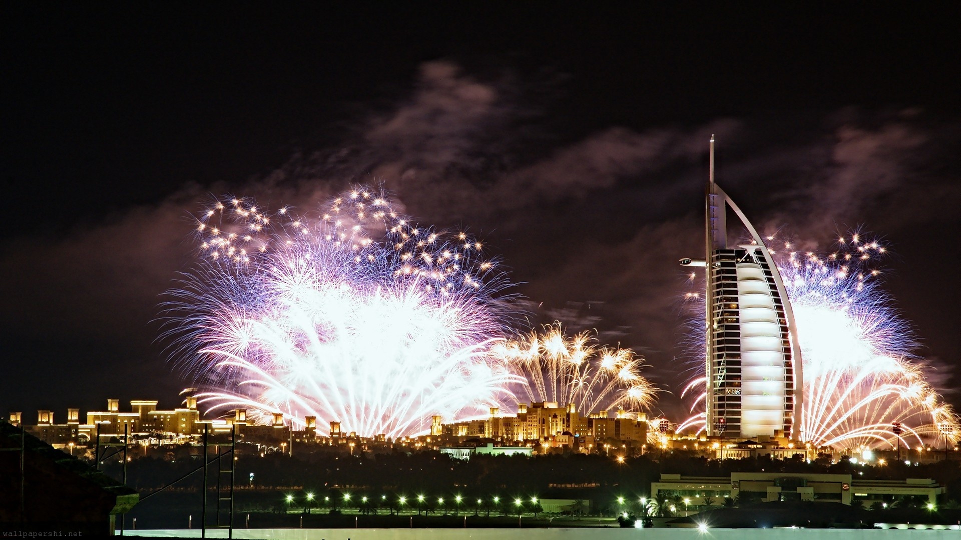 Burj Al Arab Night Lights Fireworks Dubai Uae United Arab