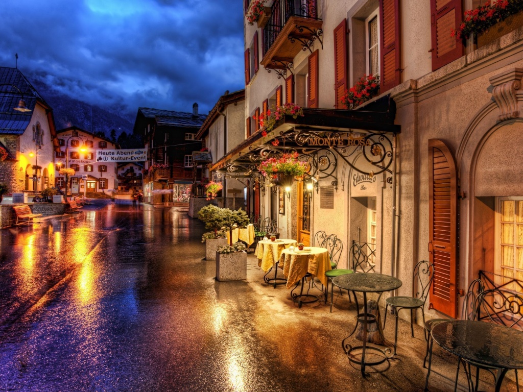 Cafes Coffee Tables Streets Zermatt Switzerland Roads Buildings Houses City