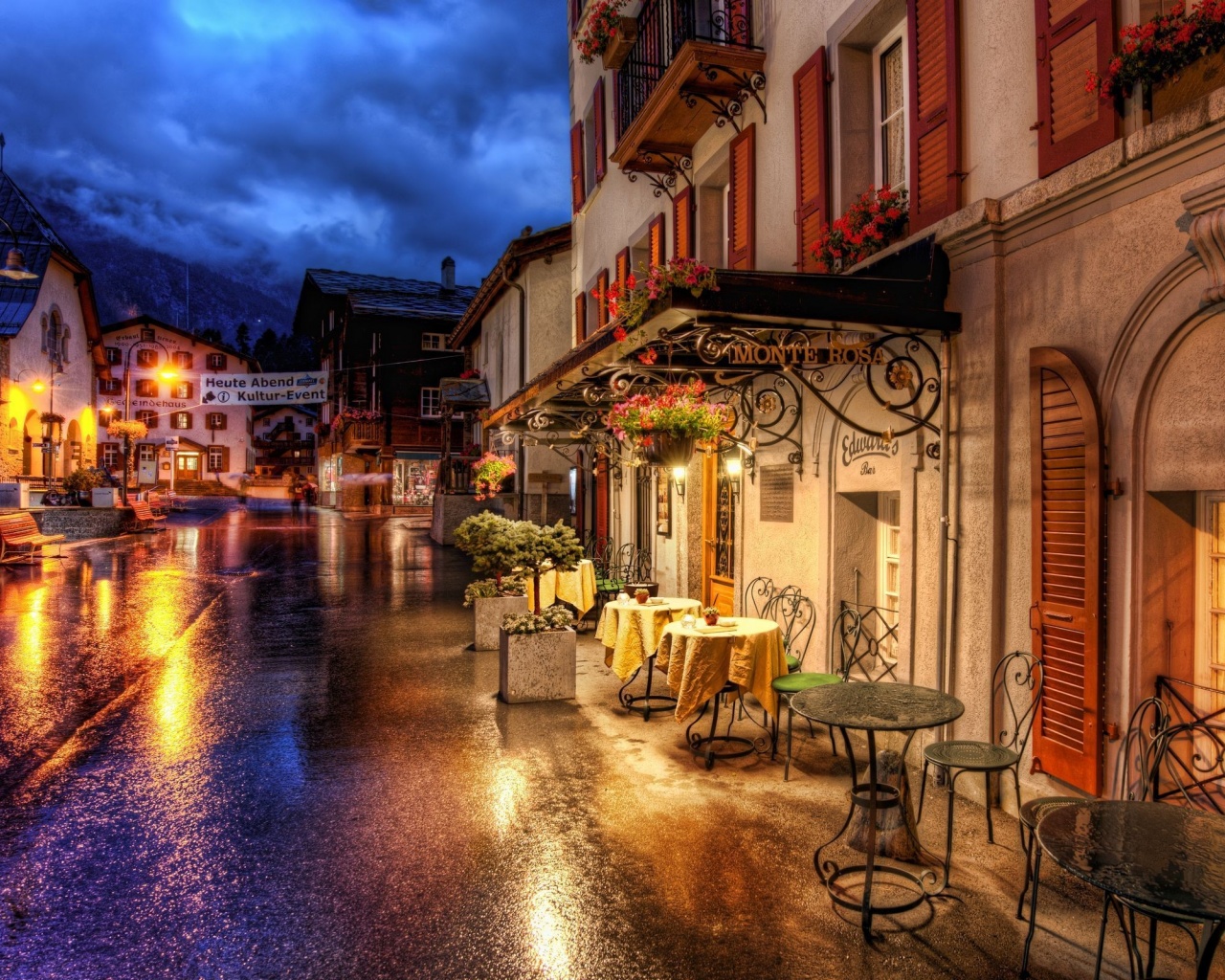 Cafes Coffee Tables Streets Zermatt Switzerland Roads Buildings Houses City