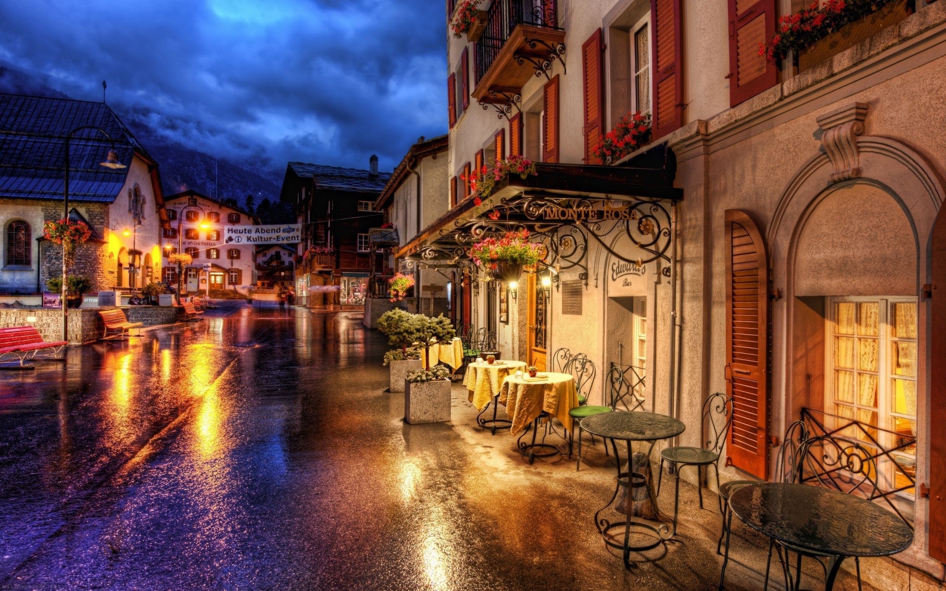 Cafes Coffee Tables Streets Zermatt Switzerland Roads Buildings Houses City