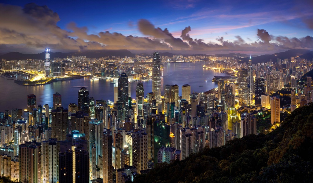 City Hong Kong Evening Clouds Lights