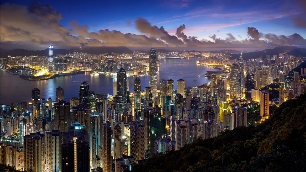 City Hong Kong Evening Clouds Lights