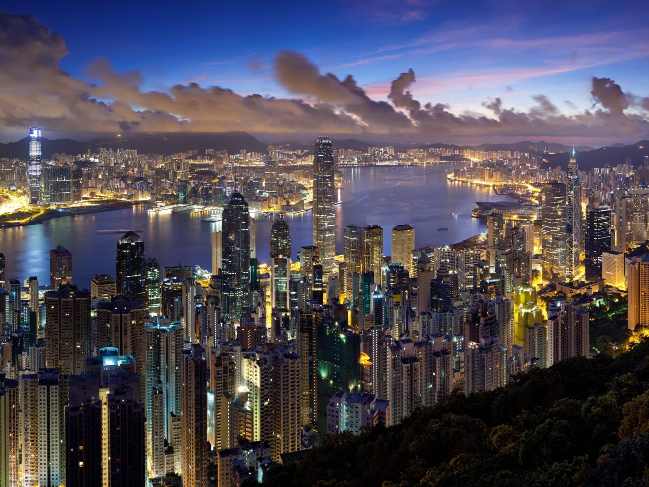 City Hong Kong Evening Clouds Lights