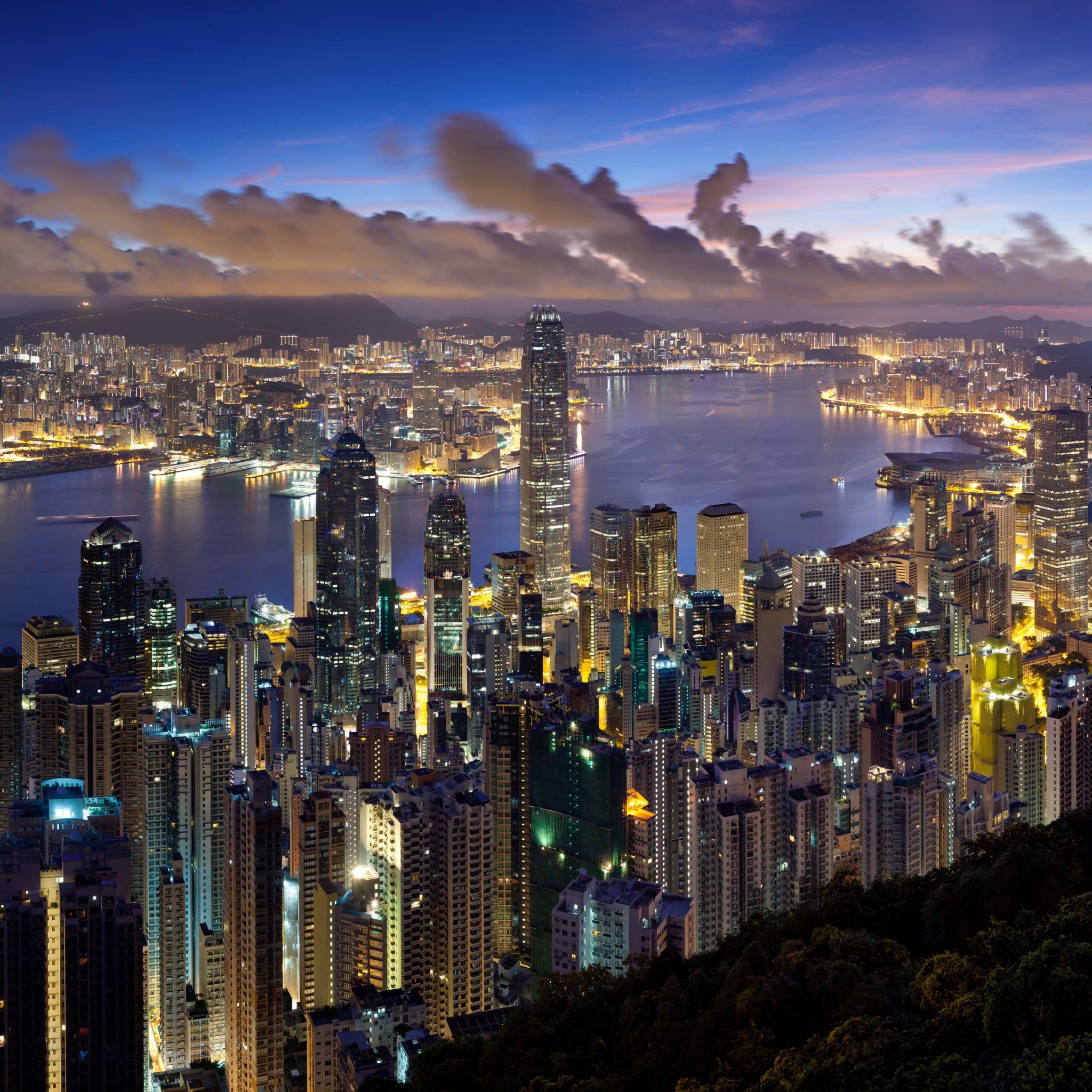 City Hong Kong Evening Clouds Lights