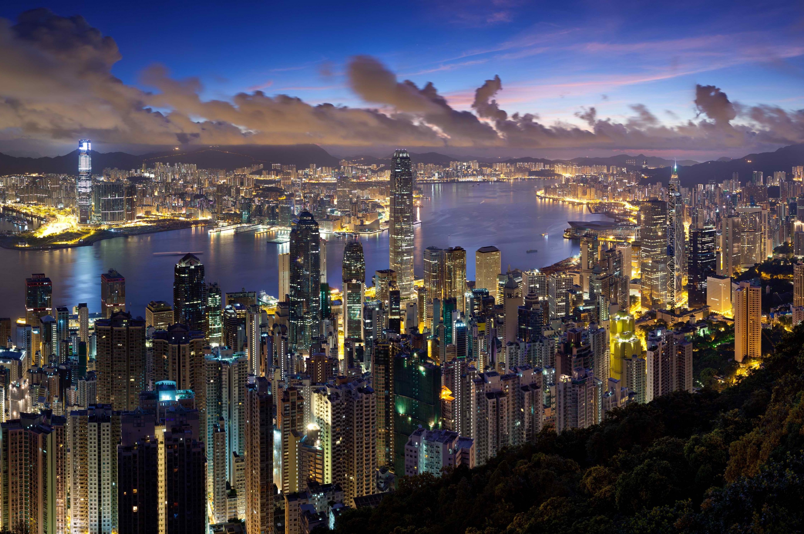 City Hong Kong Evening Clouds Lights