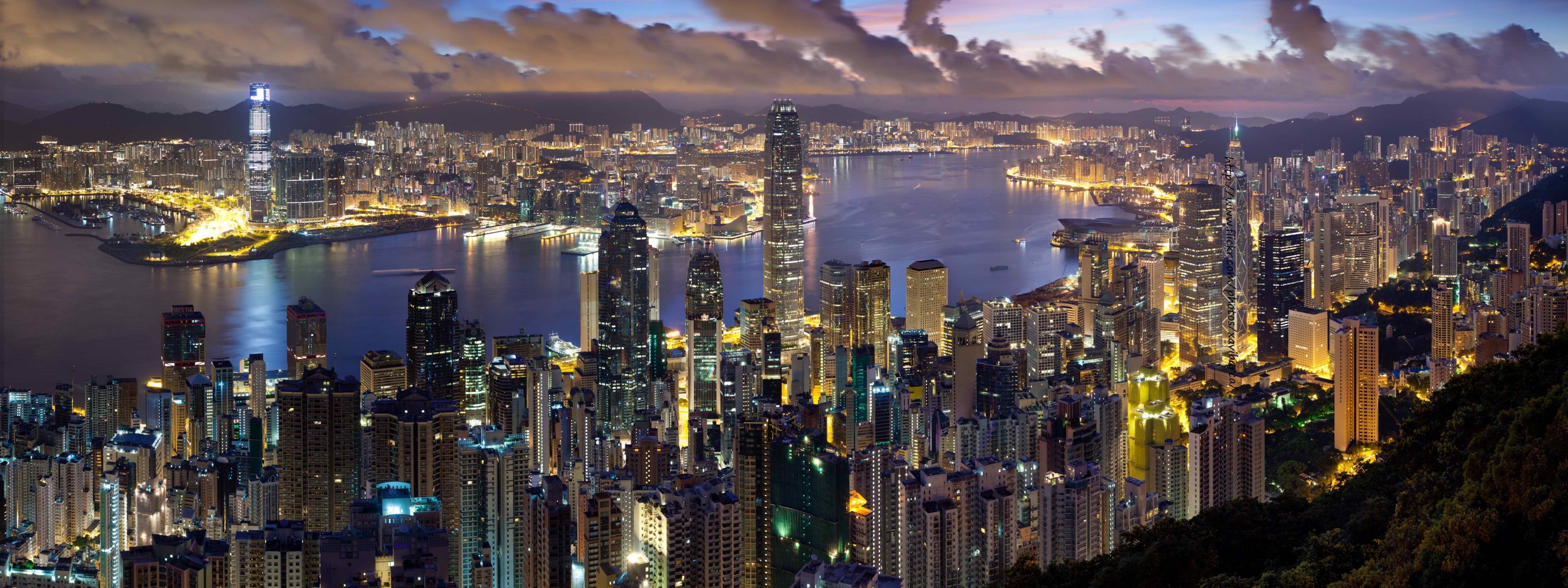 City Hong Kong Evening Clouds Lights