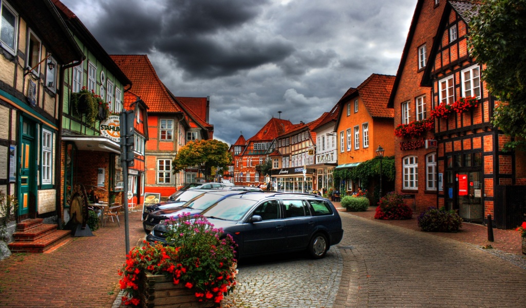 City Sky Clouds Cars Houses Flowers Plants