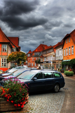 City Sky Clouds Cars Houses Flowers Plants