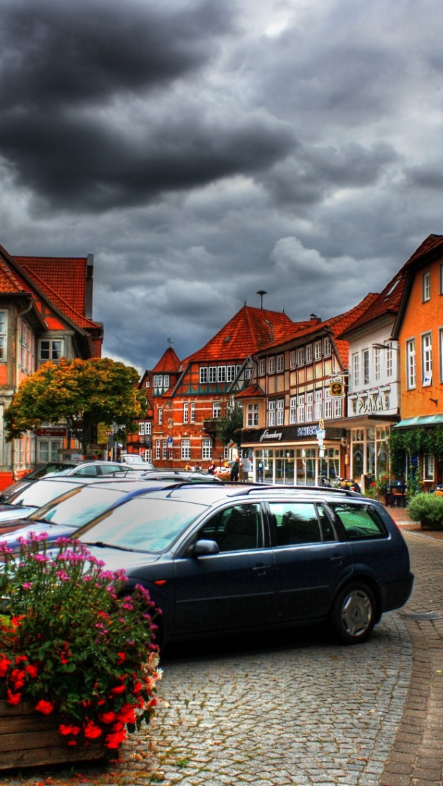 City Sky Clouds Cars Houses Flowers Plants