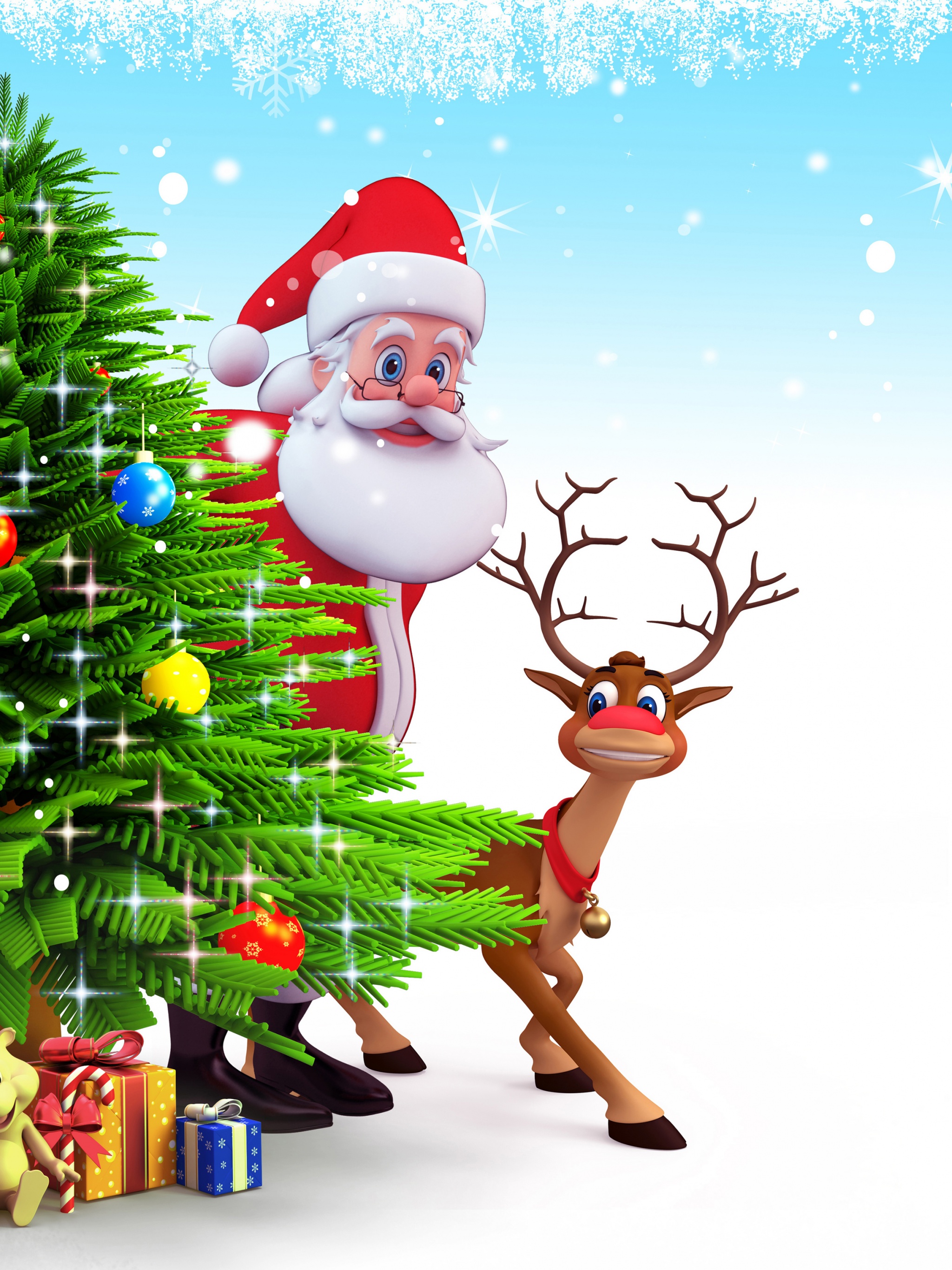 Deer Santa Claus Christmas Tree Snow