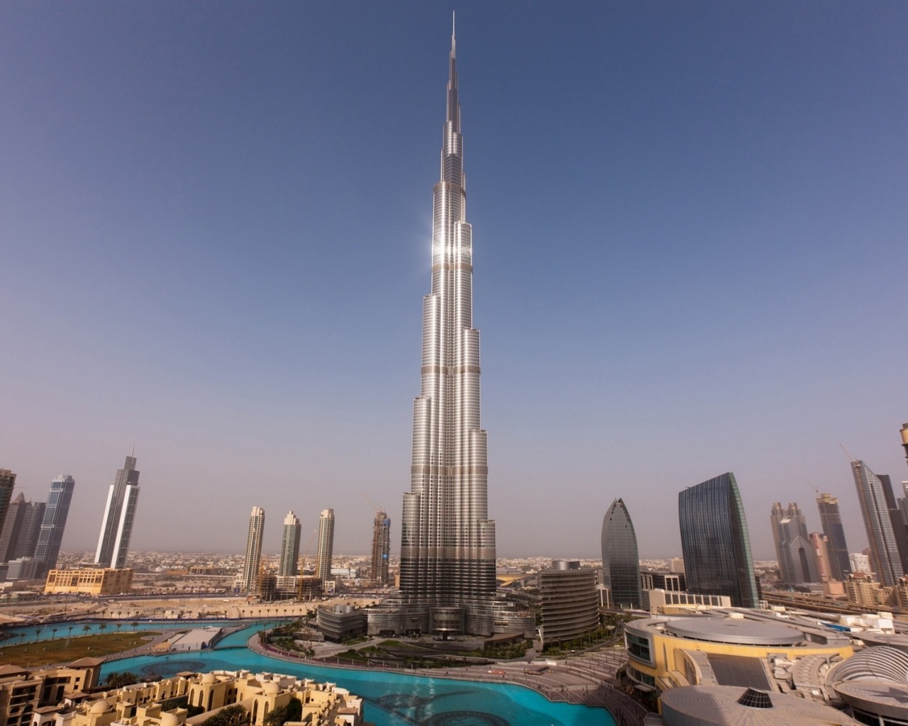 Dubai Skyscrapers Towers Houses Burj Khalifa Sunset Water Sky