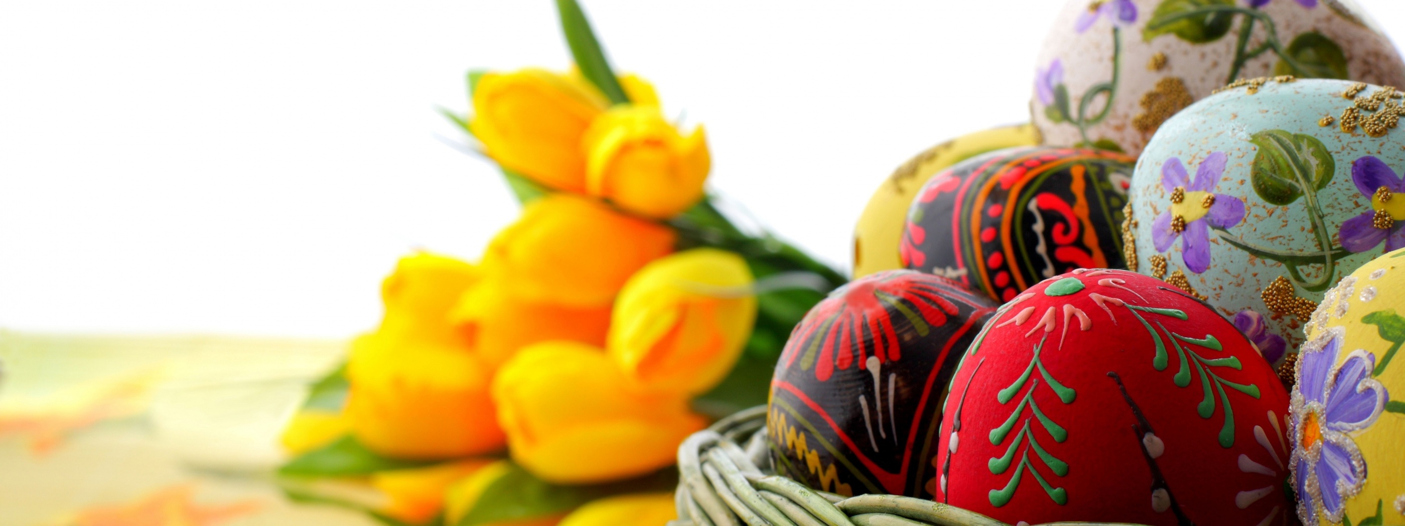 Easter Basket Of Eggs And Tulips