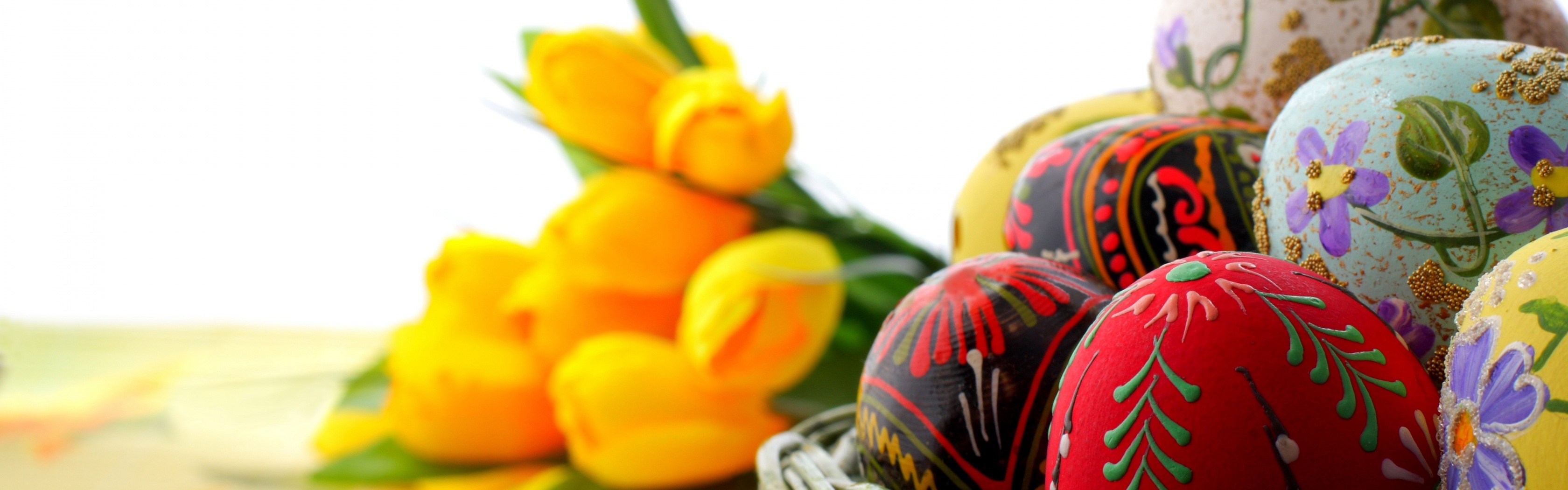 Easter Basket Of Eggs And Tulips