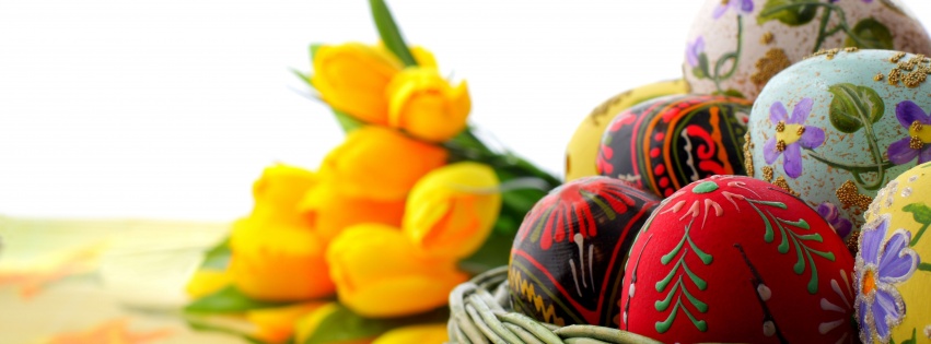 Easter Basket Of Eggs And Tulips