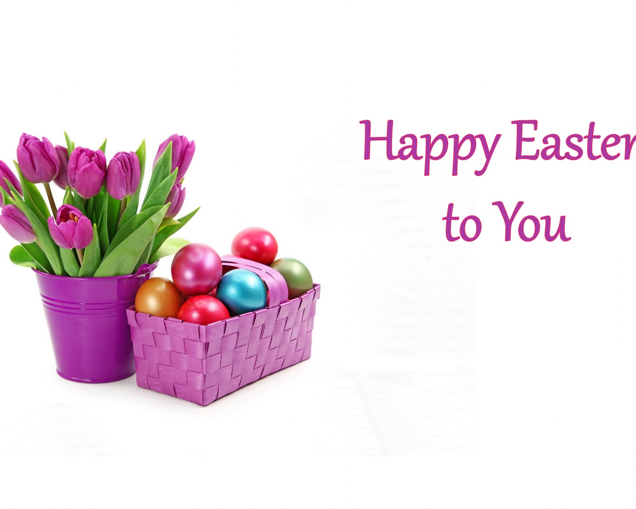 Easter Eggs And Tulips In Basket