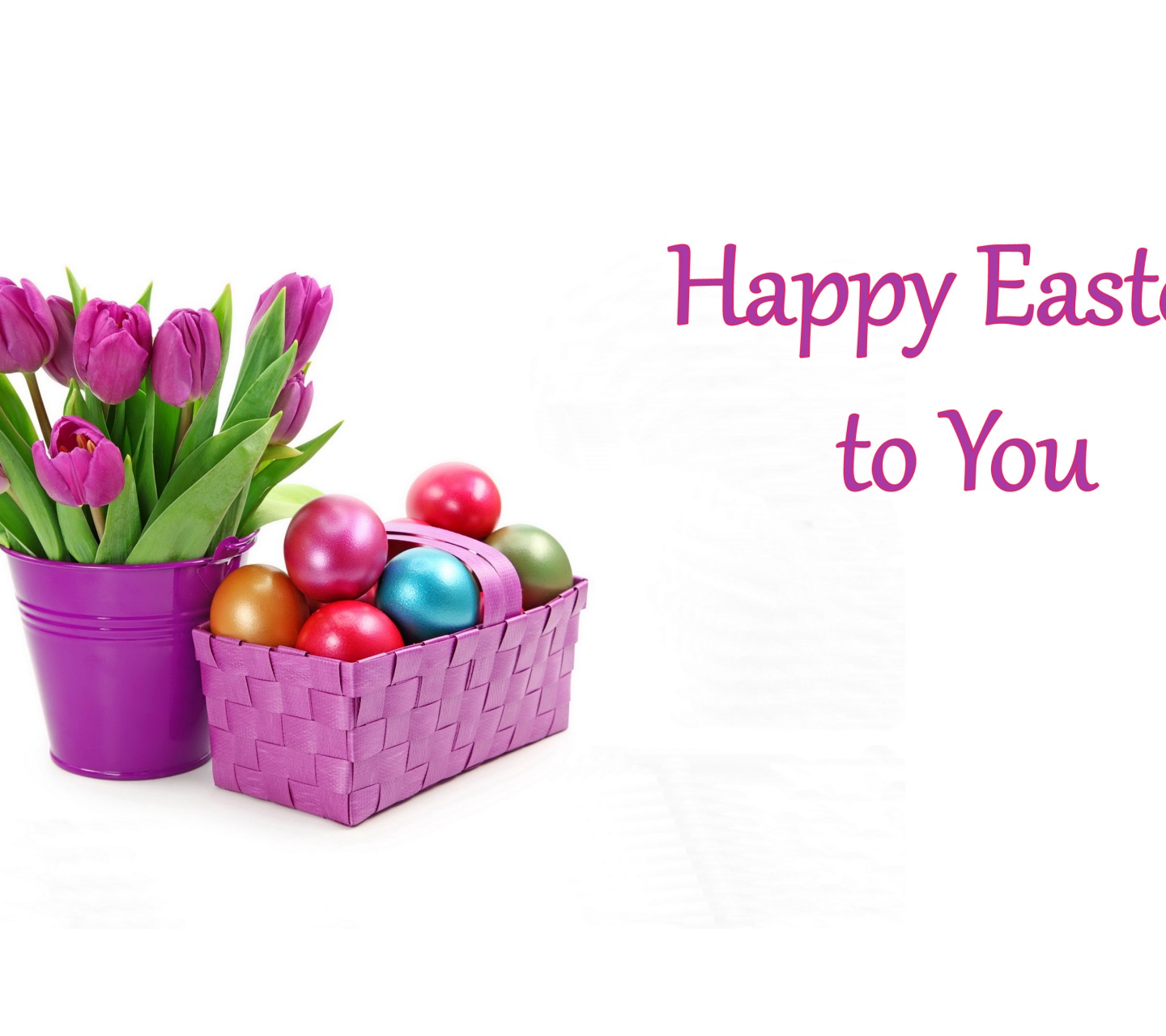 Easter Eggs And Tulips In Basket