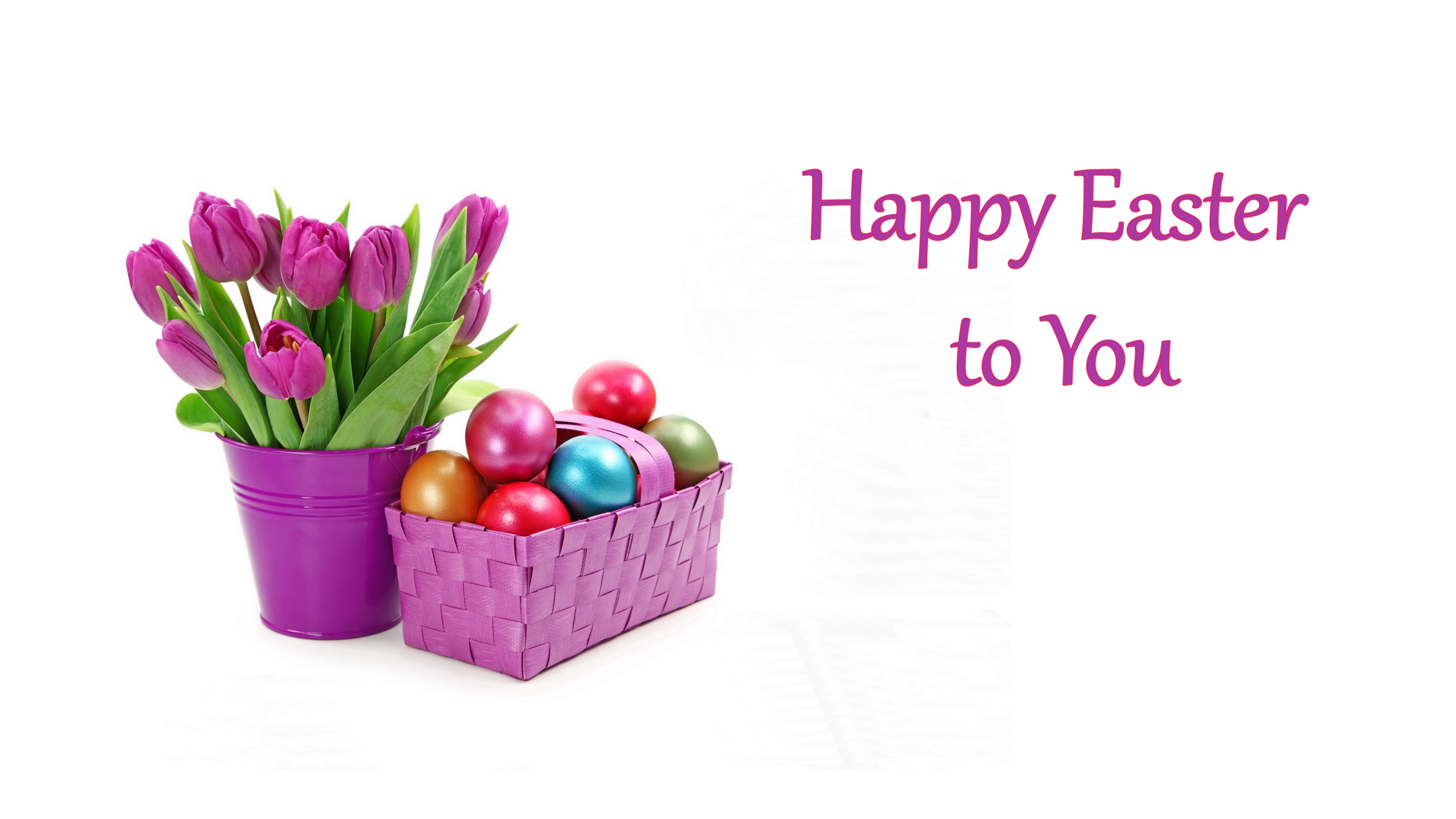 Easter Eggs And Tulips In Basket