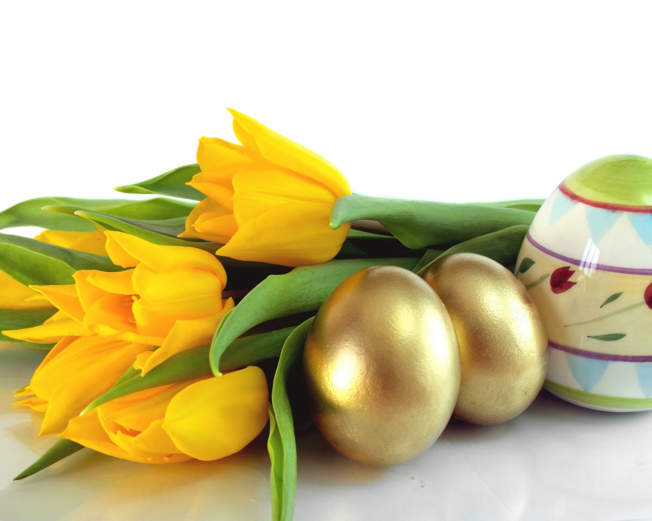 Easter Eggs And Yellow Tulips