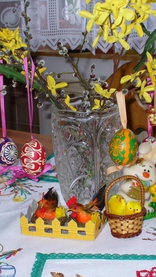 Easter Holiday Eggs Flowers Table Tablecloth Rabbit Chicks Chicken