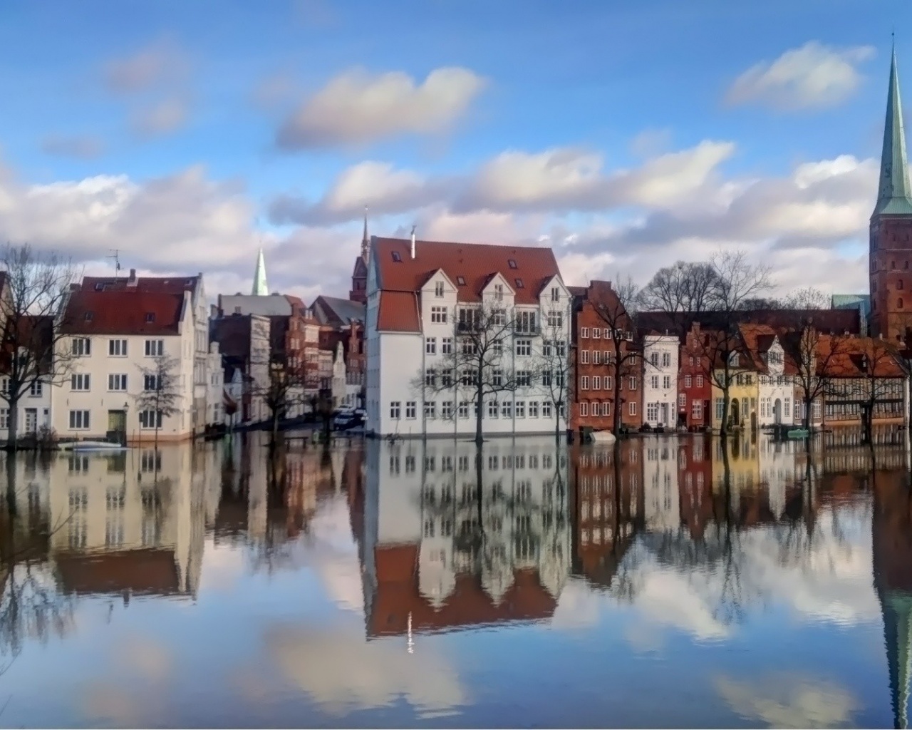 Europe Town Houses Buildings Trees Water Reflection Sky Clouds City