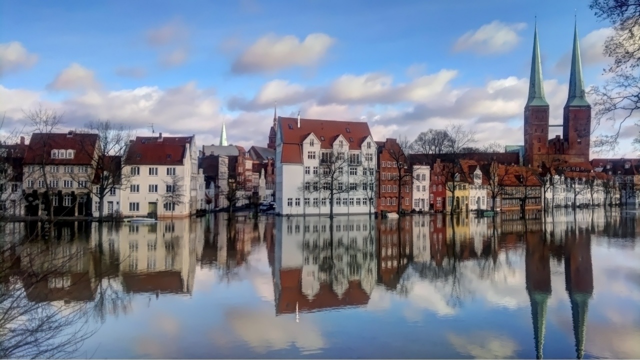 Europe Town Houses Buildings Trees Water Reflection Sky Clouds City