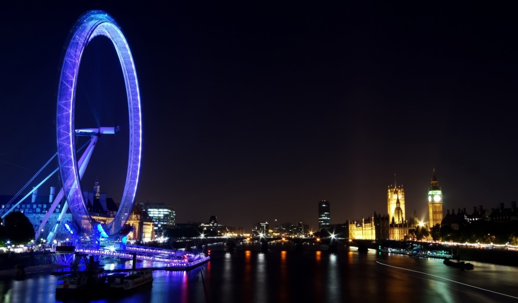 Eye Night Lights Ferris Wheel London England Great Britain Building River Thames Uk City Landscape